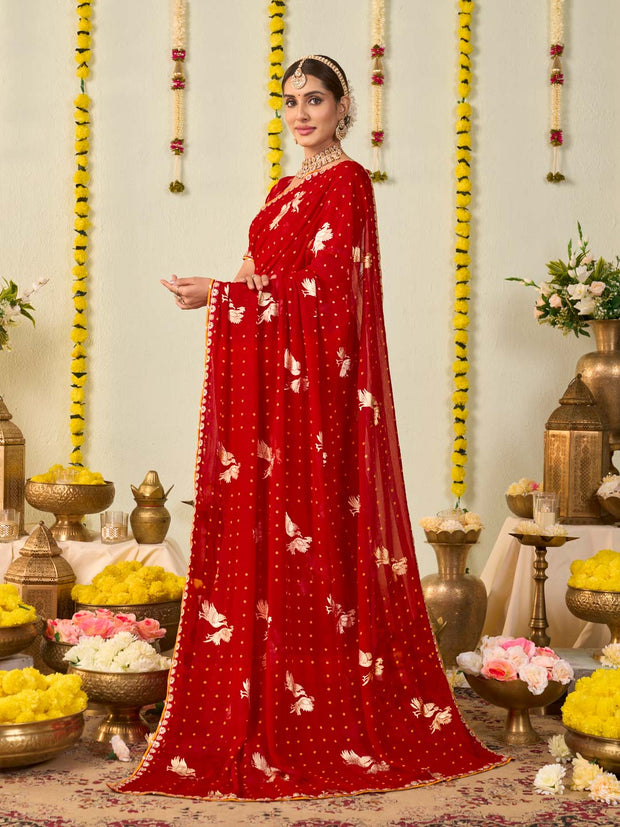 Red bandhani printed georgette saree daily wear