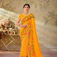 Yellow embroidered chiffon saree party wear