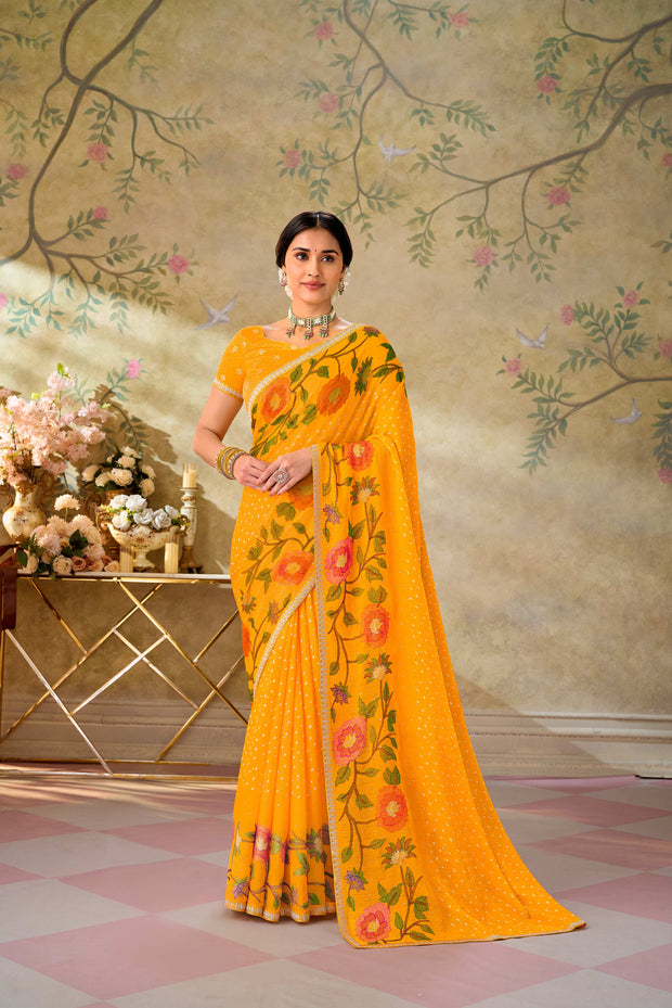 Yellow embroidered chiffon saree party wear