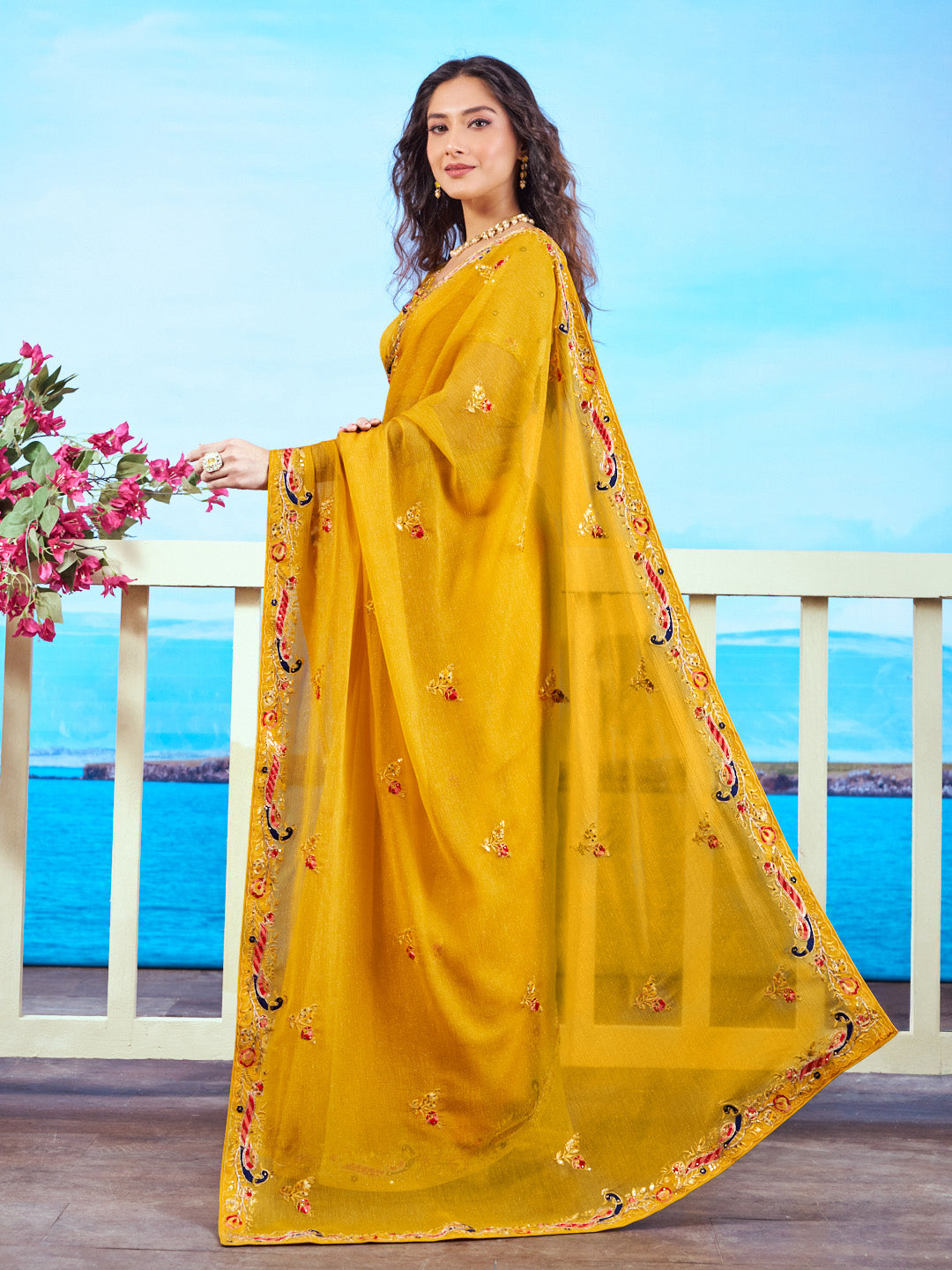 Yellow floral embroidered chiffon saree elegant wear 