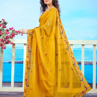 Yellow floral embroidered chiffon saree elegant wear 