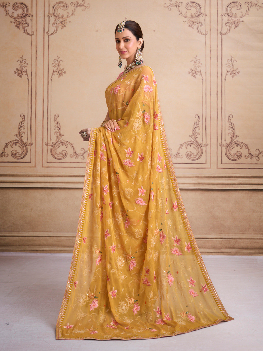 Yellow embroidered tissue organza saree wedding wear