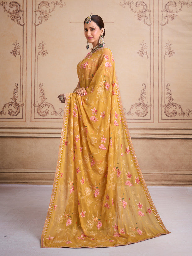 Yellow embroidered tissue organza saree wedding wear