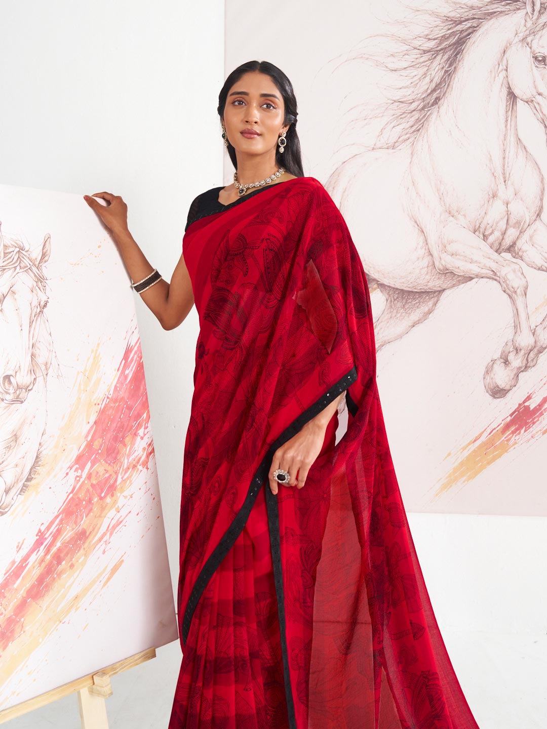 Laxmipati Murli Red Georgette Floral Saree