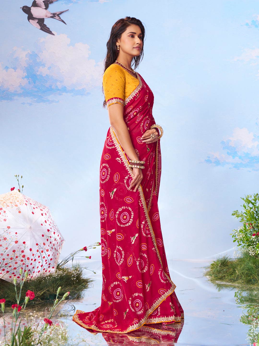 Red embroidered georgette saree wedding wear