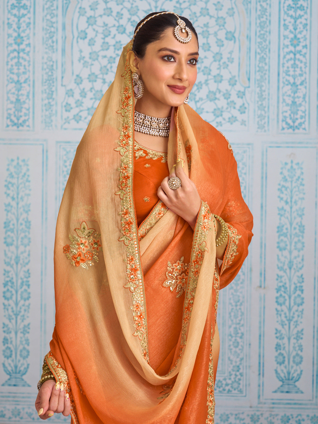 Laxmipati Aanya Orange Chiffon Embroidered Saree