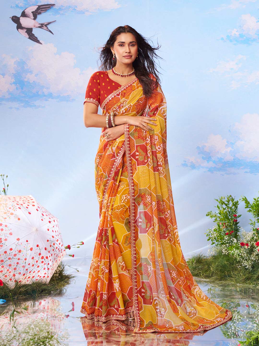 Yellow printed silk saree haldi wear