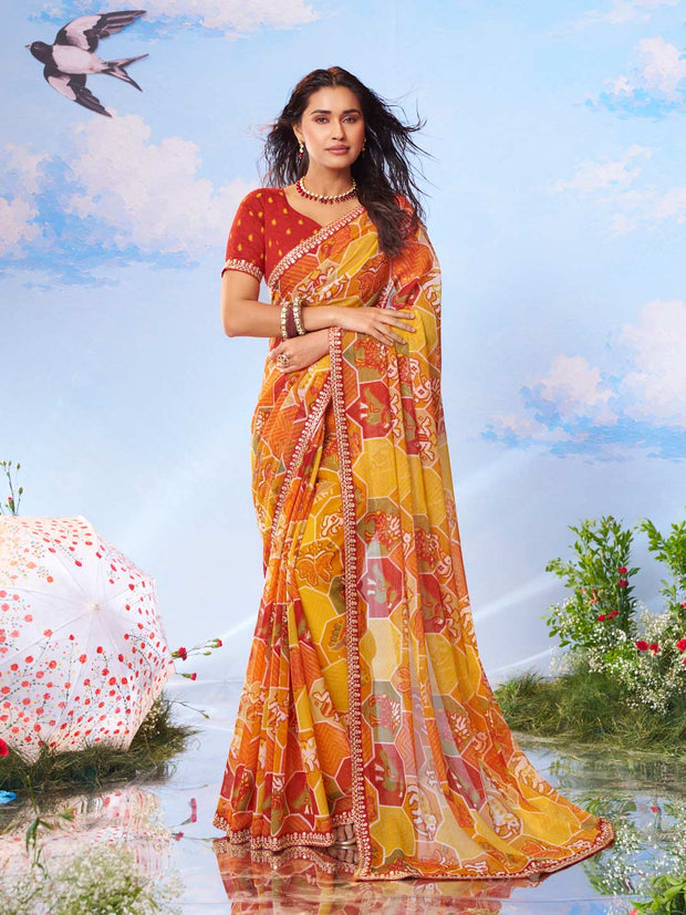Yellow printed silk saree haldi wear