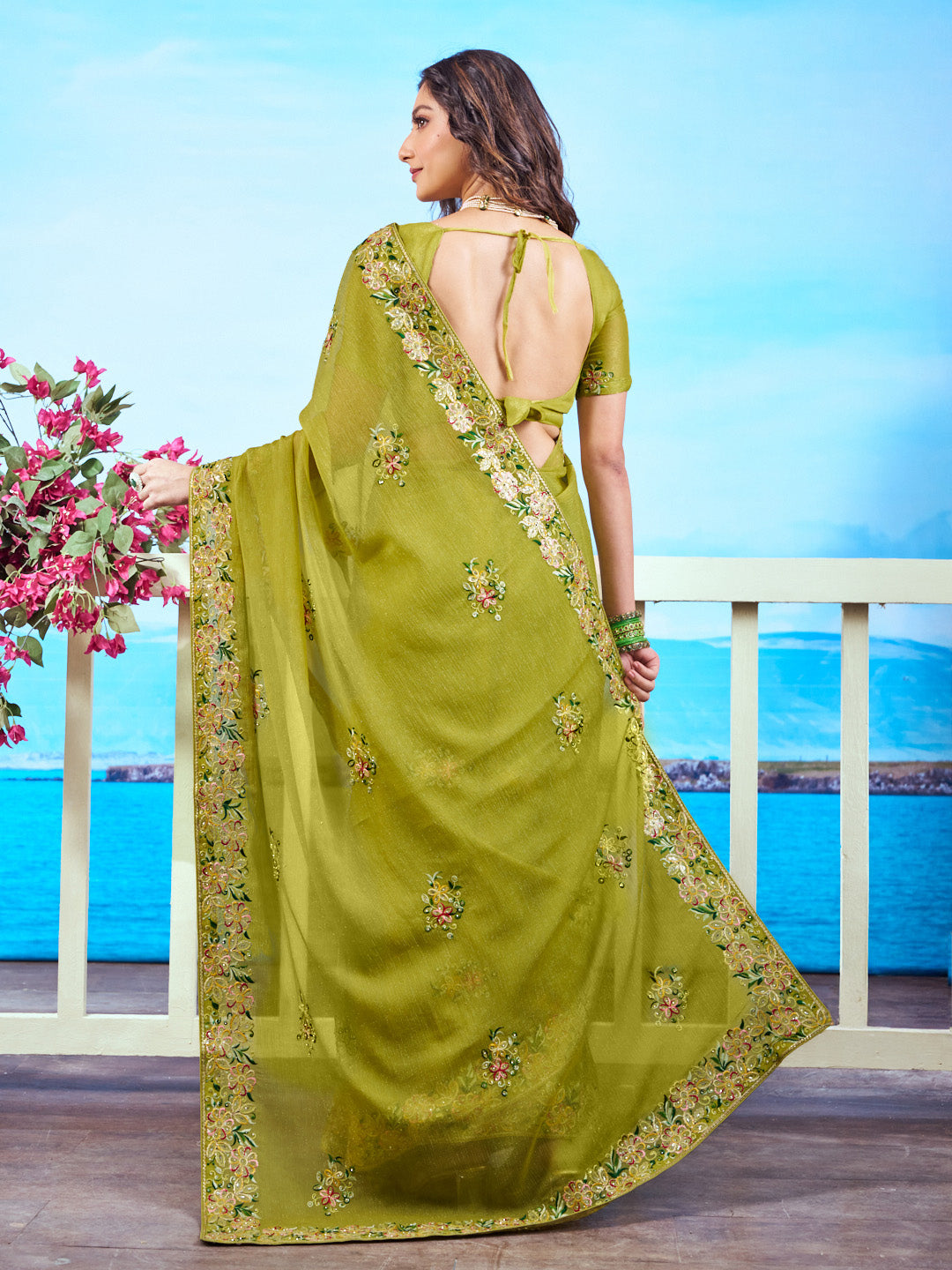 Olive Green floral embroidered Chiffon saree work wear