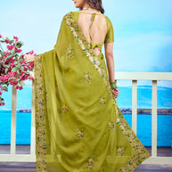 Olive Green floral embroidered Chiffon saree work wear