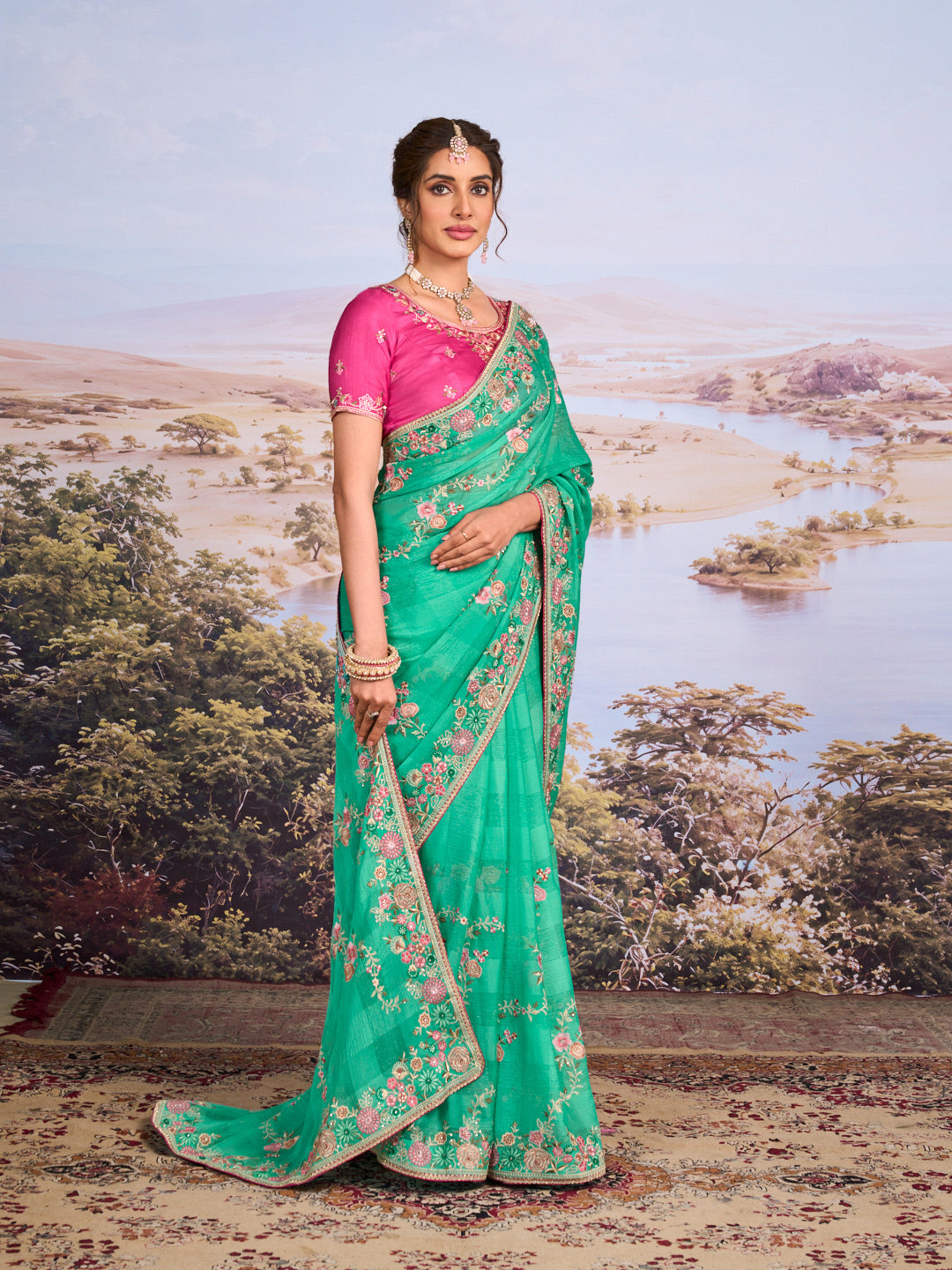 Green floral embroidered chiffon saree casual wear