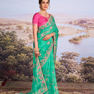 Green floral embroidered chiffon saree casual wear