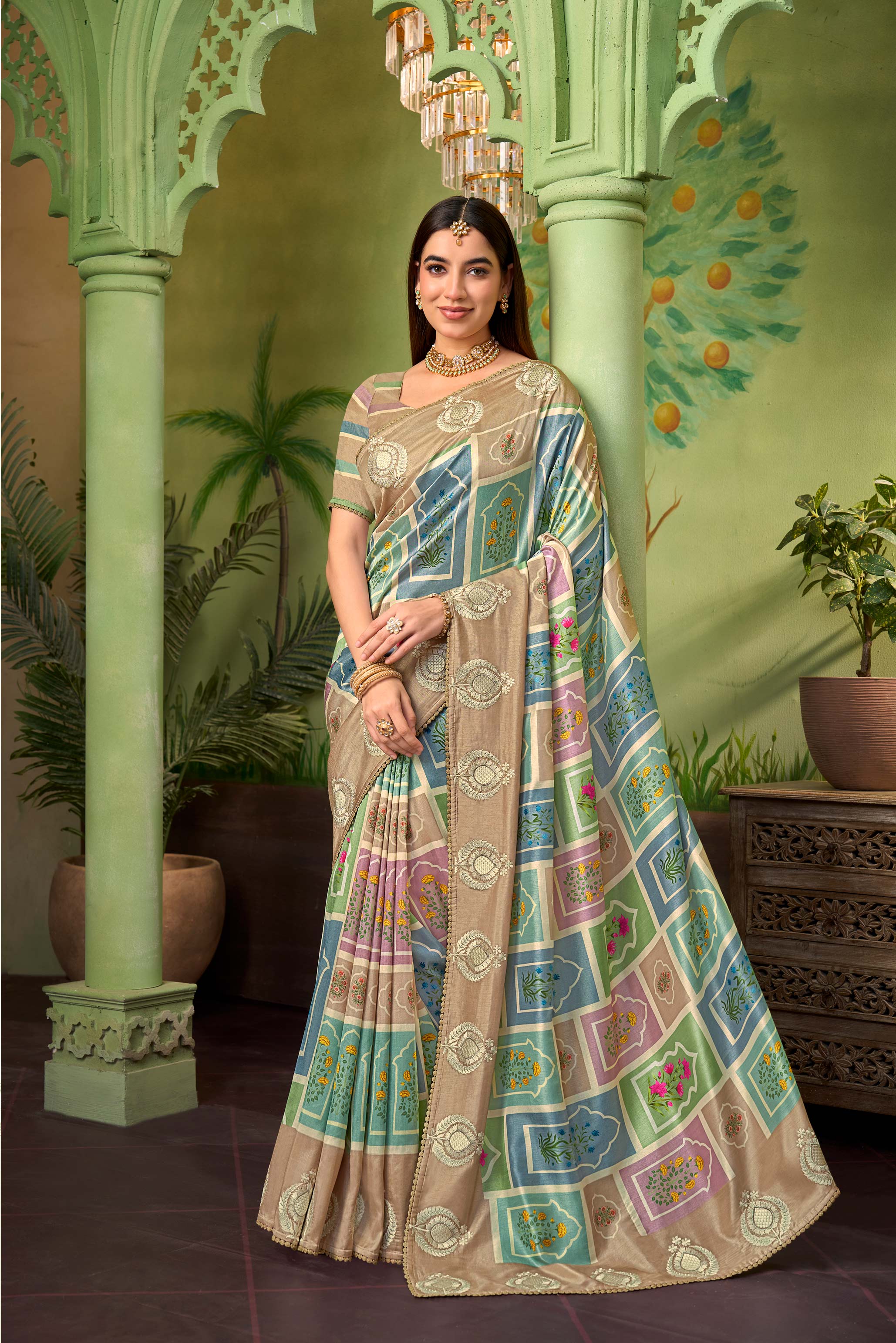 Brown embroidered silk blend saree festive wear