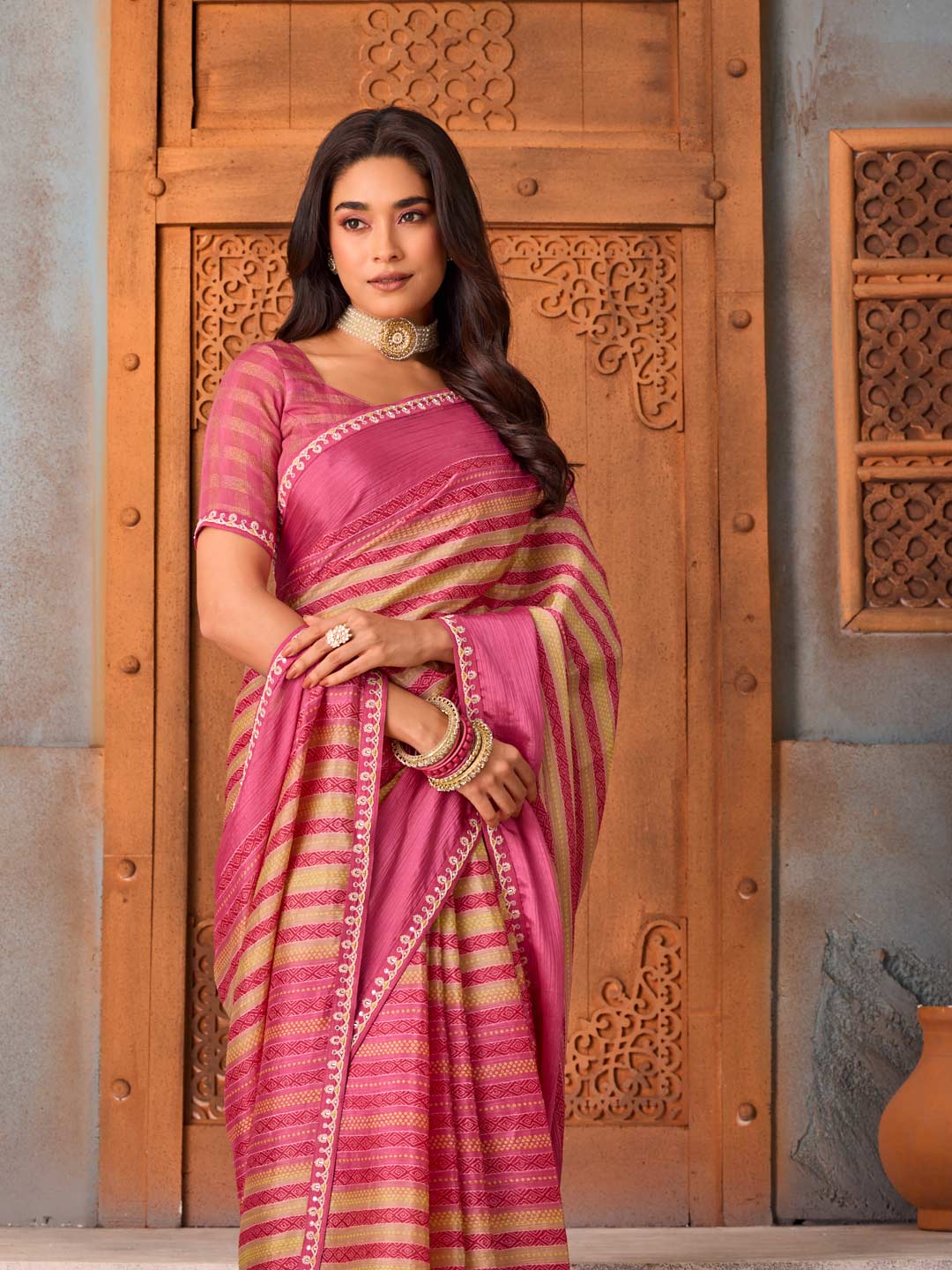 Pink striped silk blend saree wedding wear