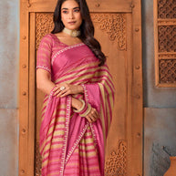 Pink striped silk blend saree wedding wear