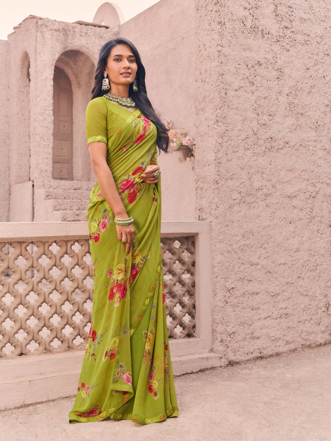 trendy olive designer saree