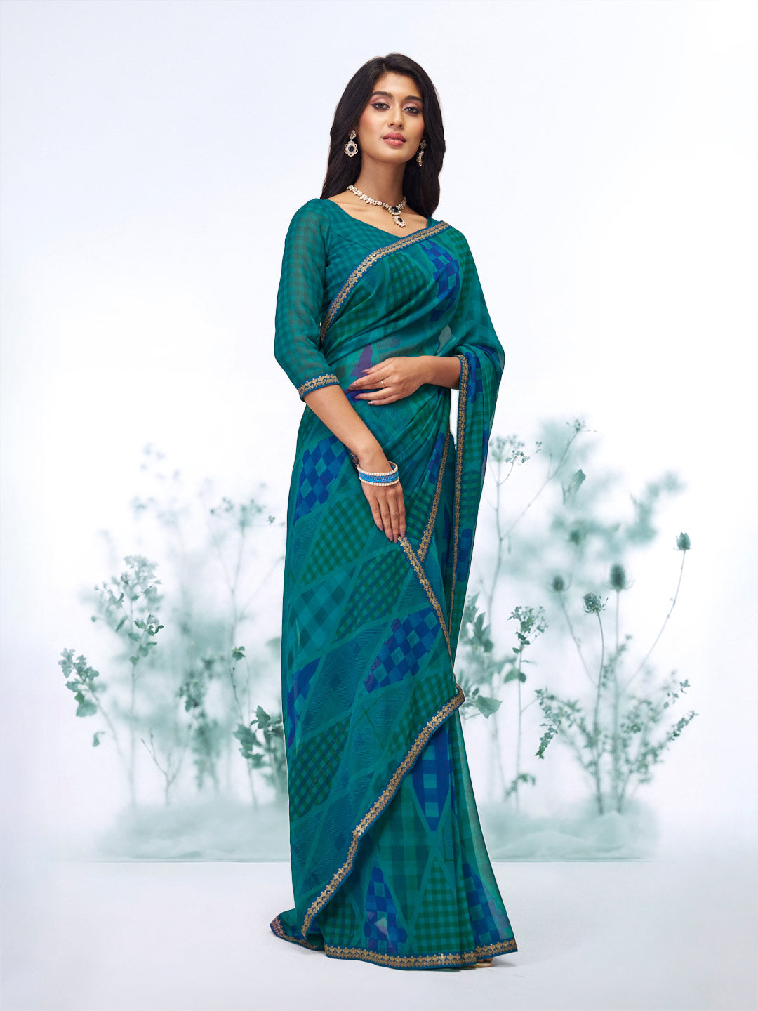 Blue geometric printed georgette saree casual wear