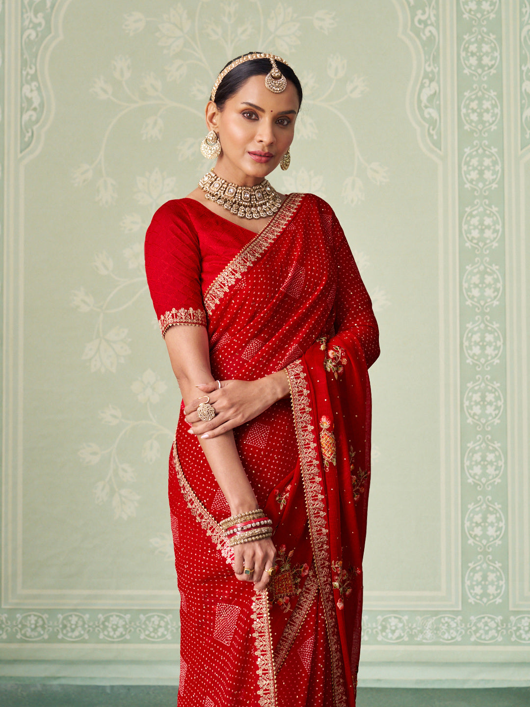 red chiffon saree