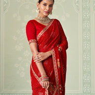 red chiffon saree