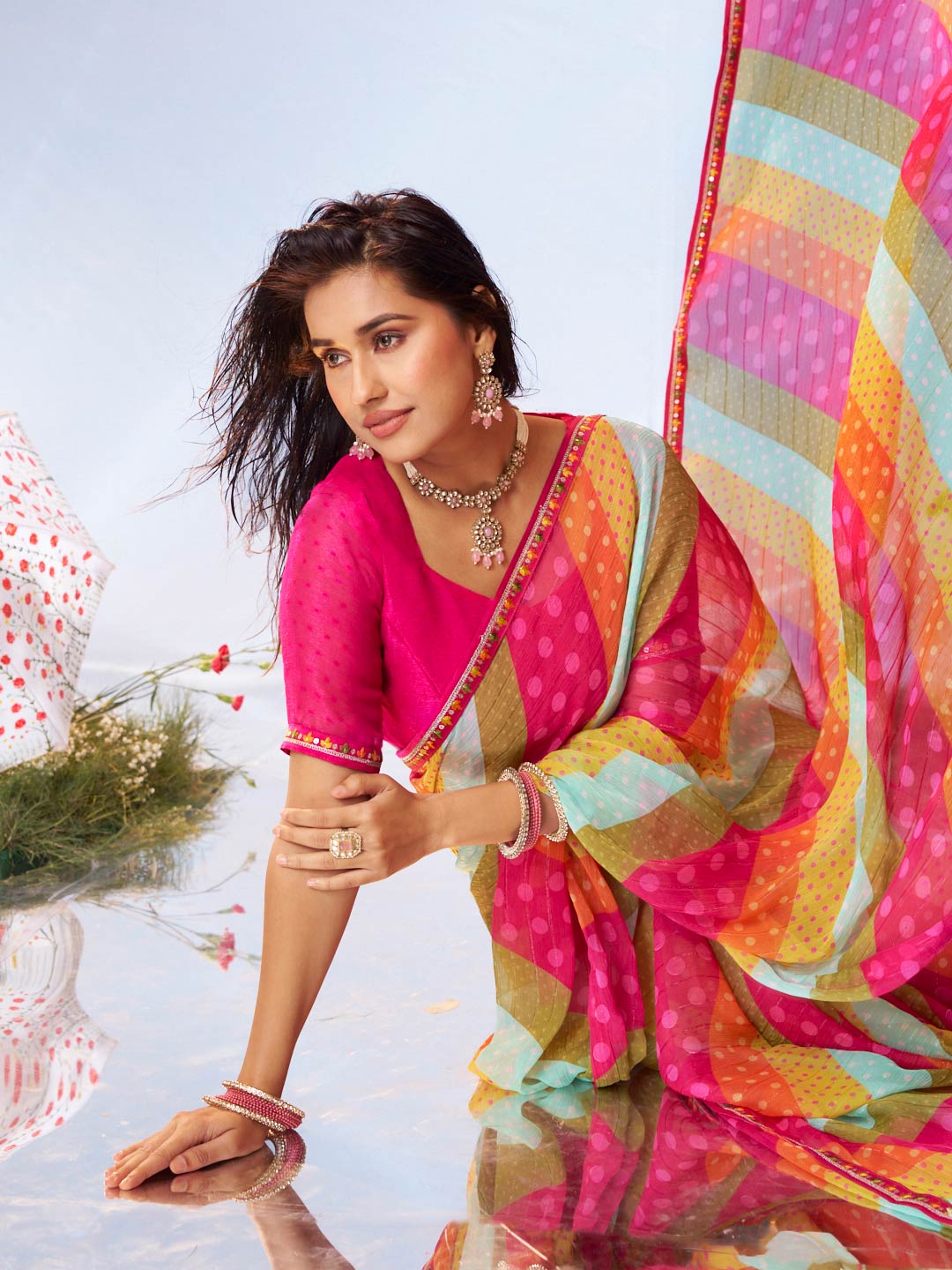 Multicolor striped printed chiffon saree festive wear 