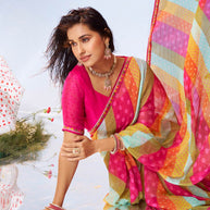 Multicolor striped printed chiffon saree festive wear 