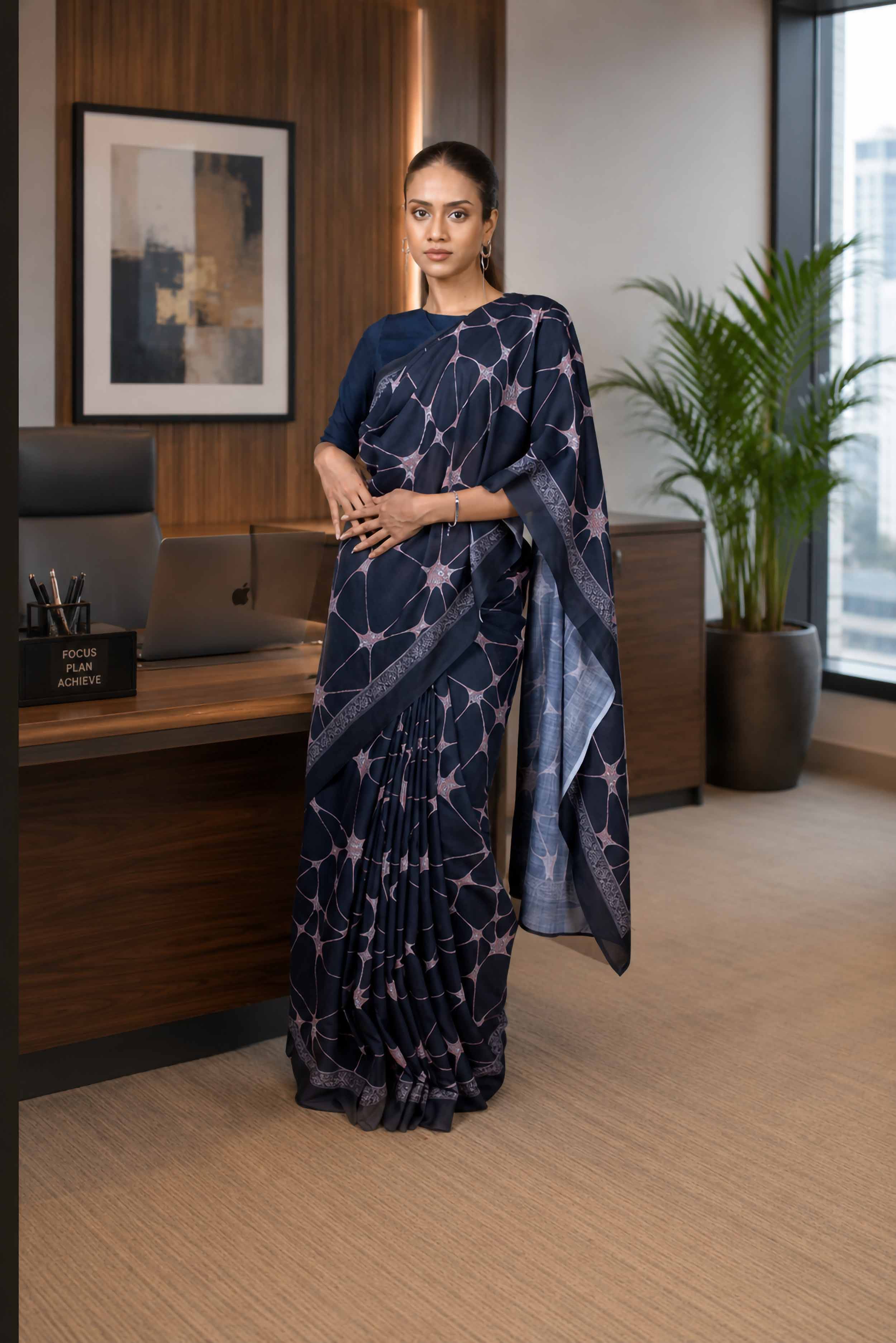 Navy Blue abstract printed cotton blend saree corporate wear