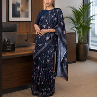 Navy Blue abstract printed cotton blend saree corporate wear