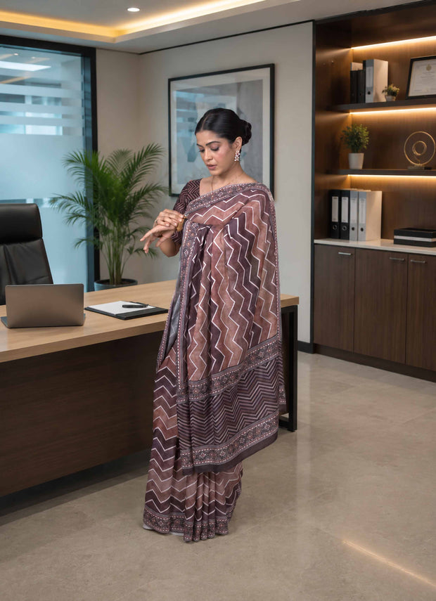 Maroon zig zag printed cotton blend saree office wear