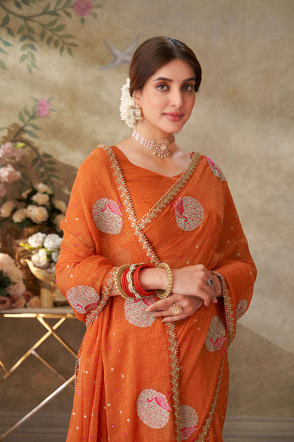 Orange embroidered chiffon saree festive wear