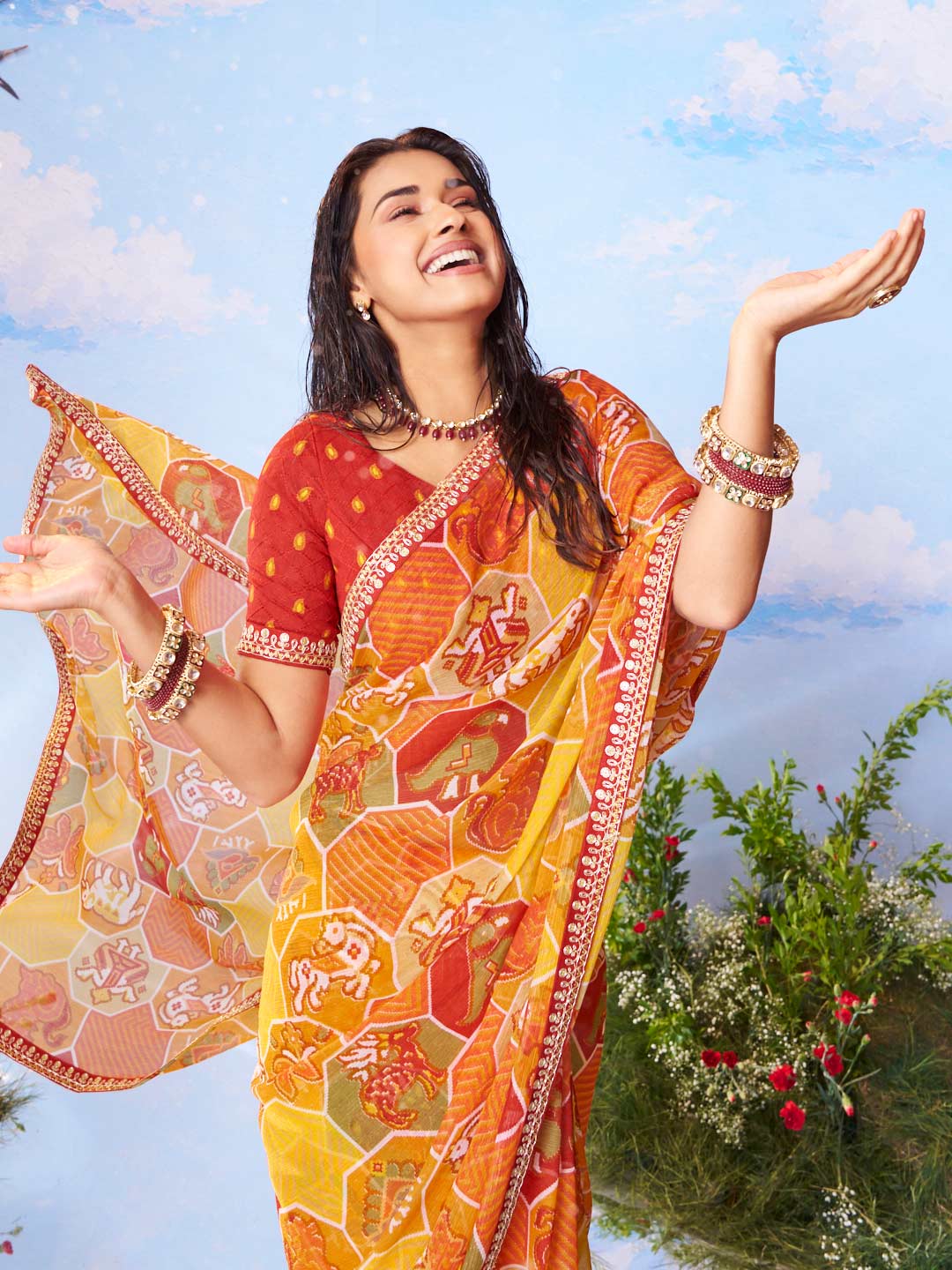 Yellow floral printed silk saree festive wear 