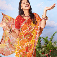 Yellow floral printed silk saree festive wear 