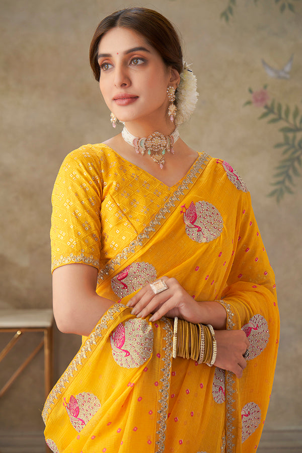 Yellow embroidered chiffon saree festive wear