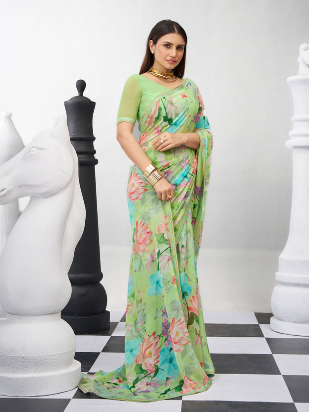 Green floral saree lightweight georgette