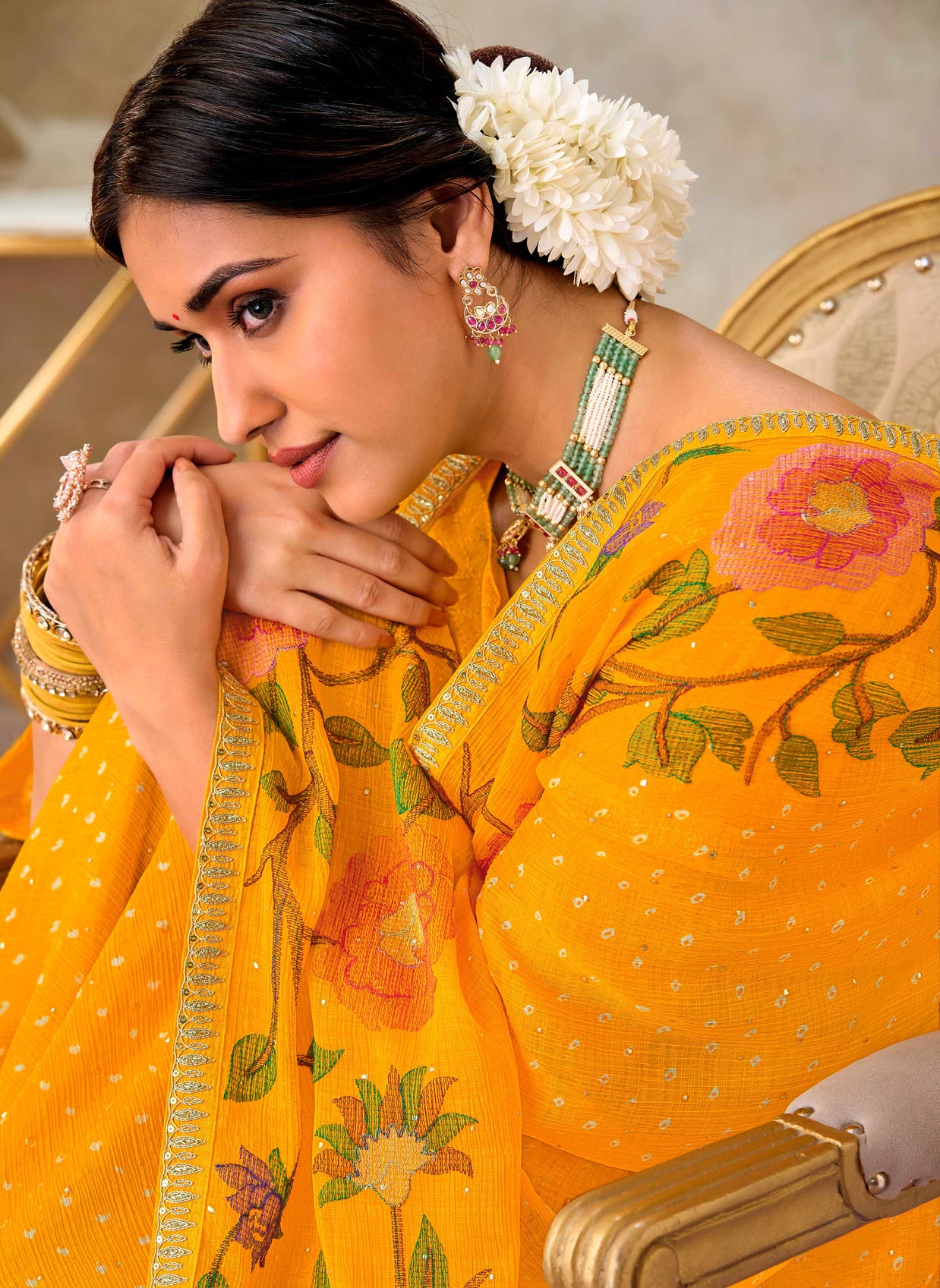 Yellow embroidered chiffon saree daily wear