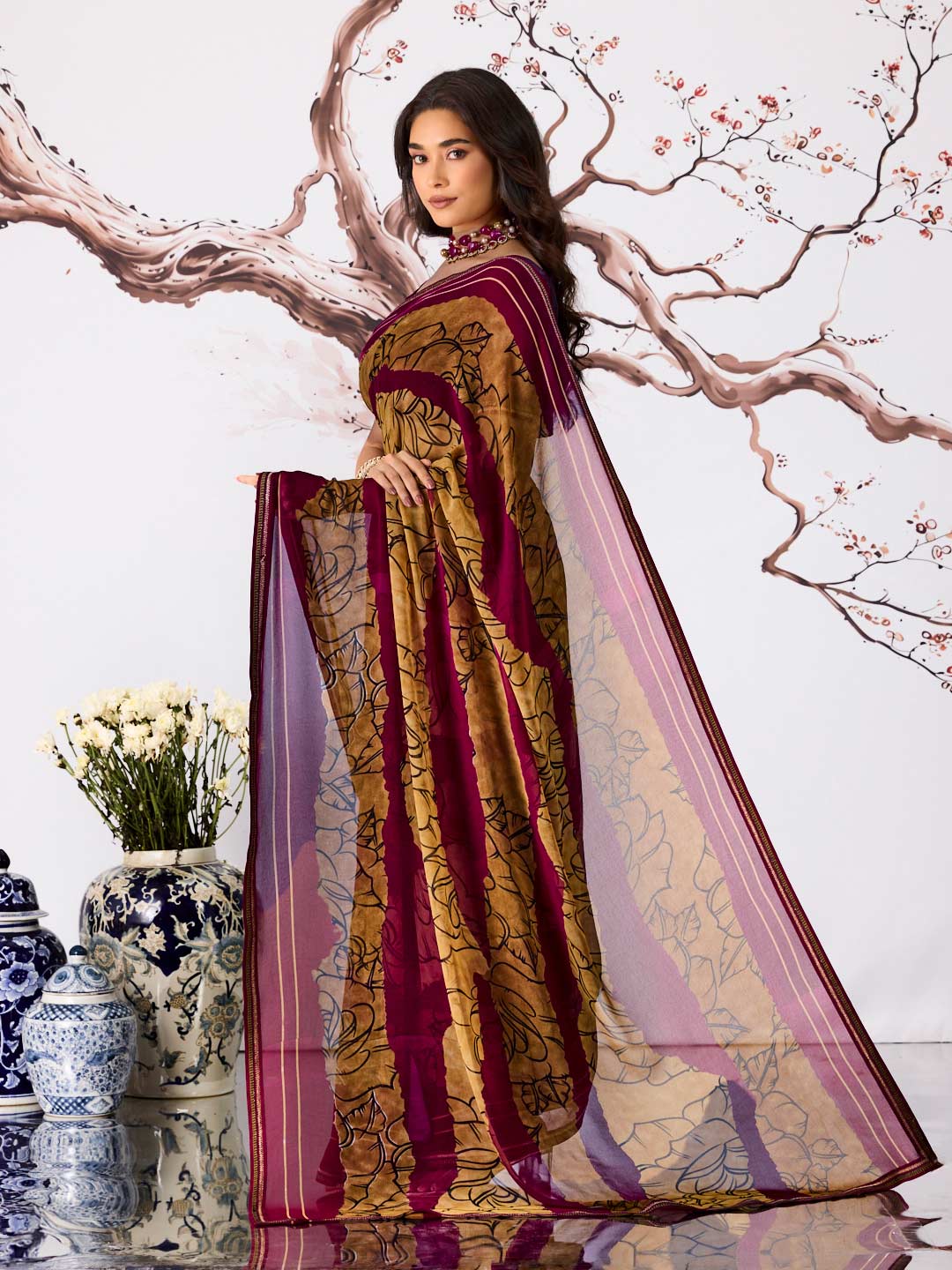 Purple striped floral printed georgette saree festive wear