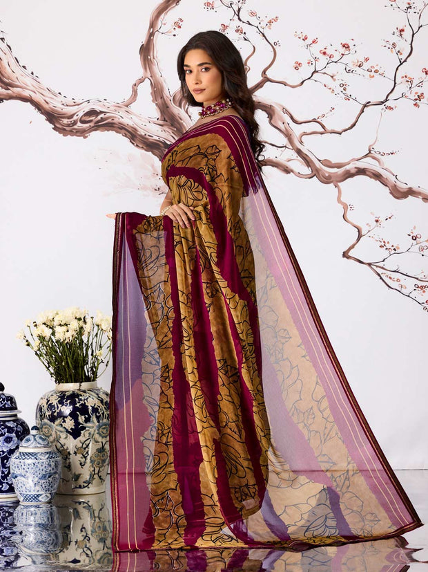 Purple striped floral printed georgette saree festive wear