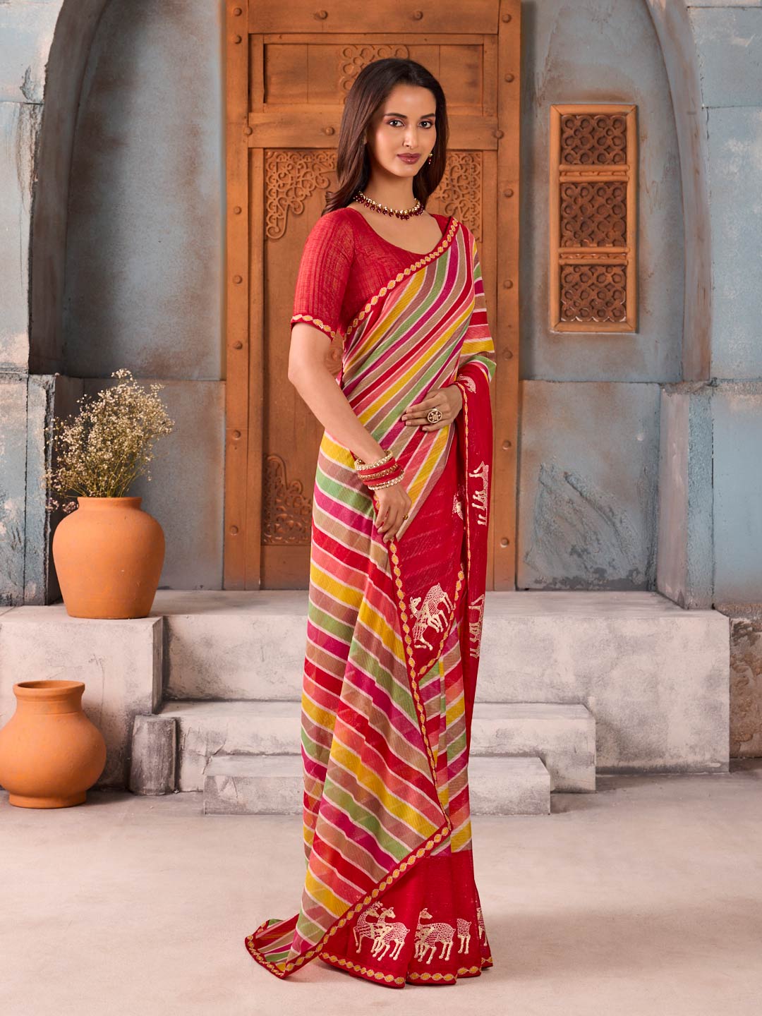 Red printed chiffon saree wedding wear