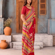 Red printed chiffon saree wedding wear
