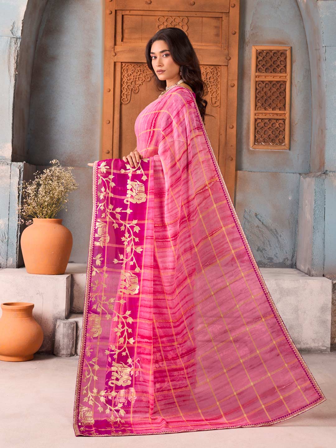 Pink embroidered chiffon saree wedding wear