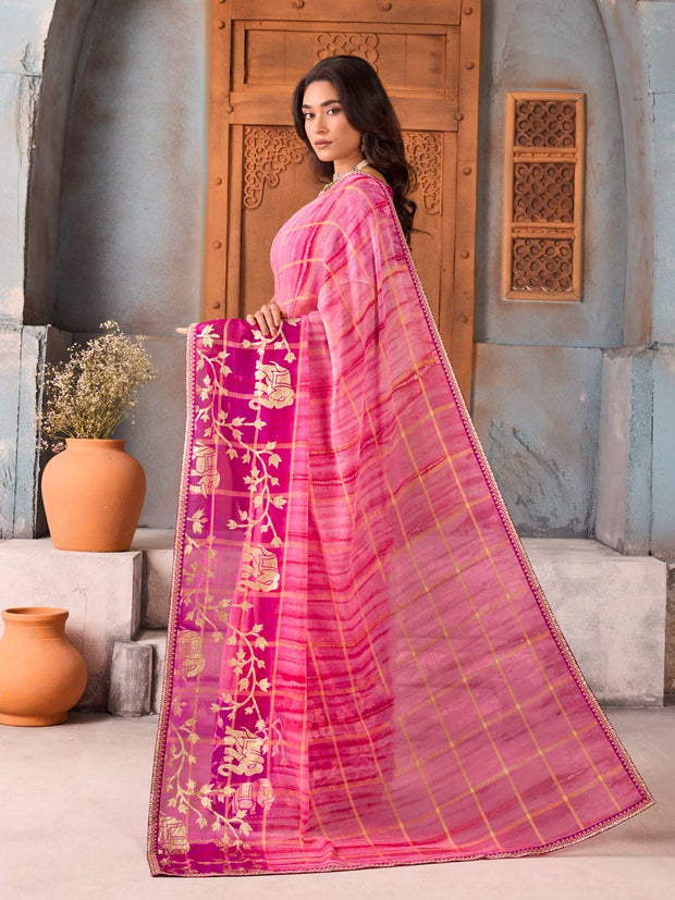 Pink embroidered chiffon saree wedding wear