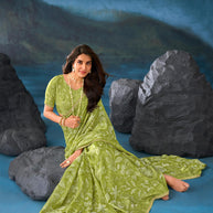 Green floral printed silk blend saree party wear
