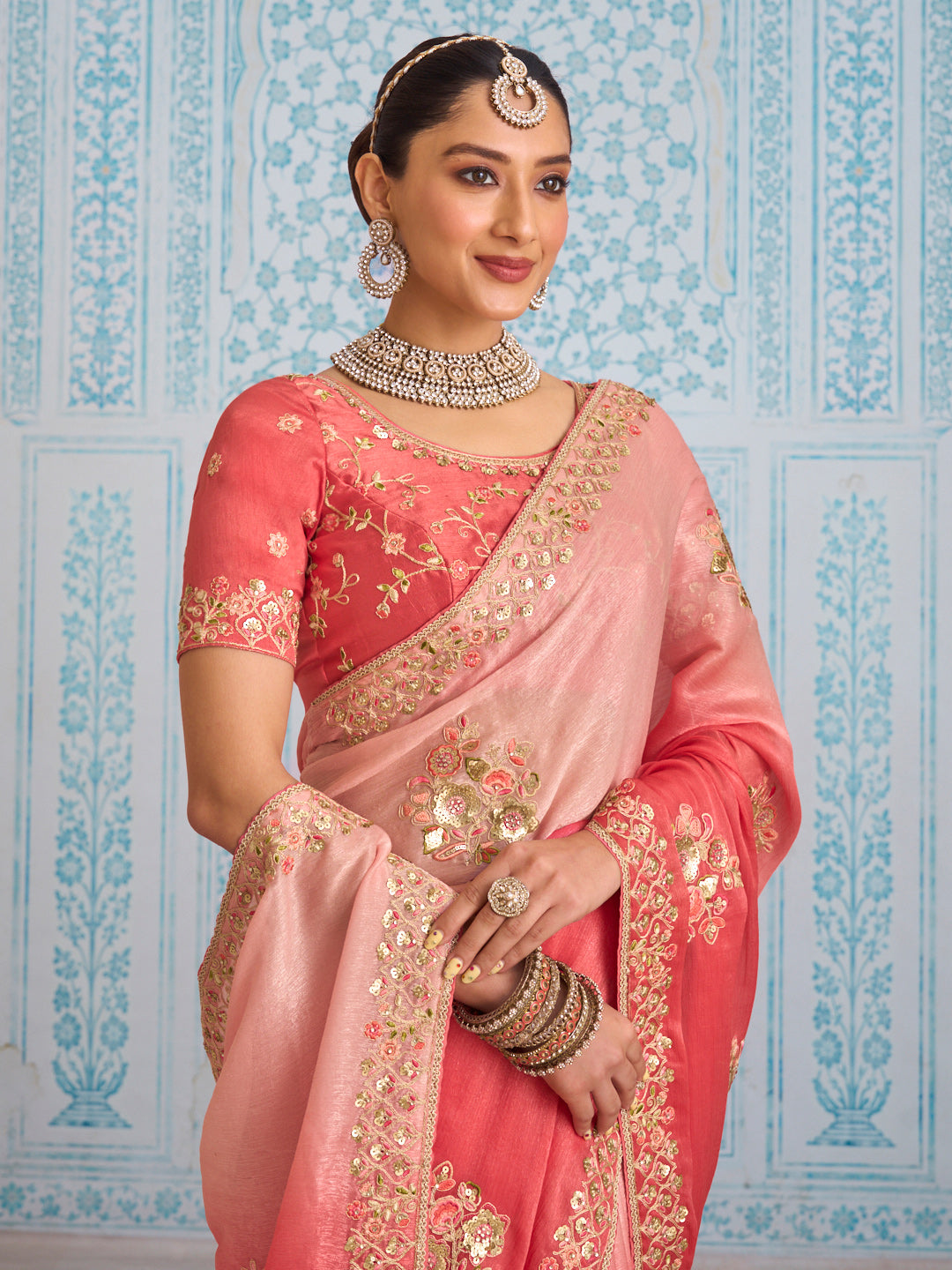 Laxmipati Aanya Peach Chiffon Embroidered Saree