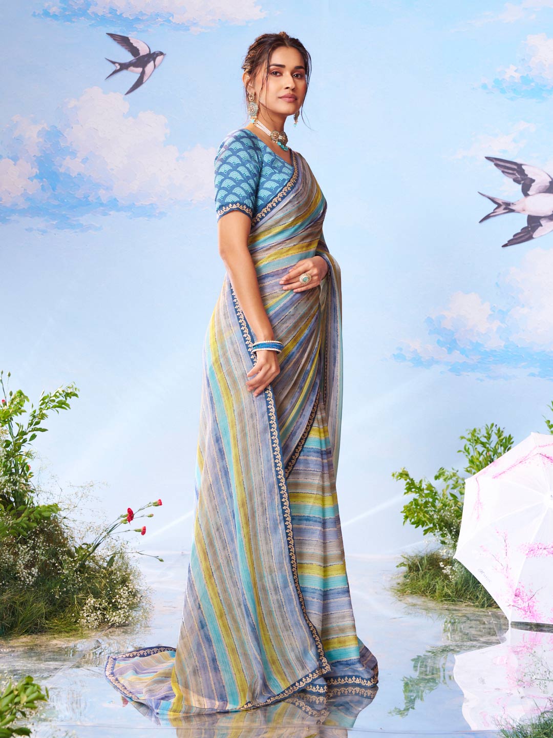 Blue floral printed georgette saree daily wear