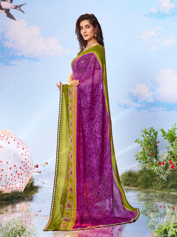 Purple patterned chiffon saree party wear 