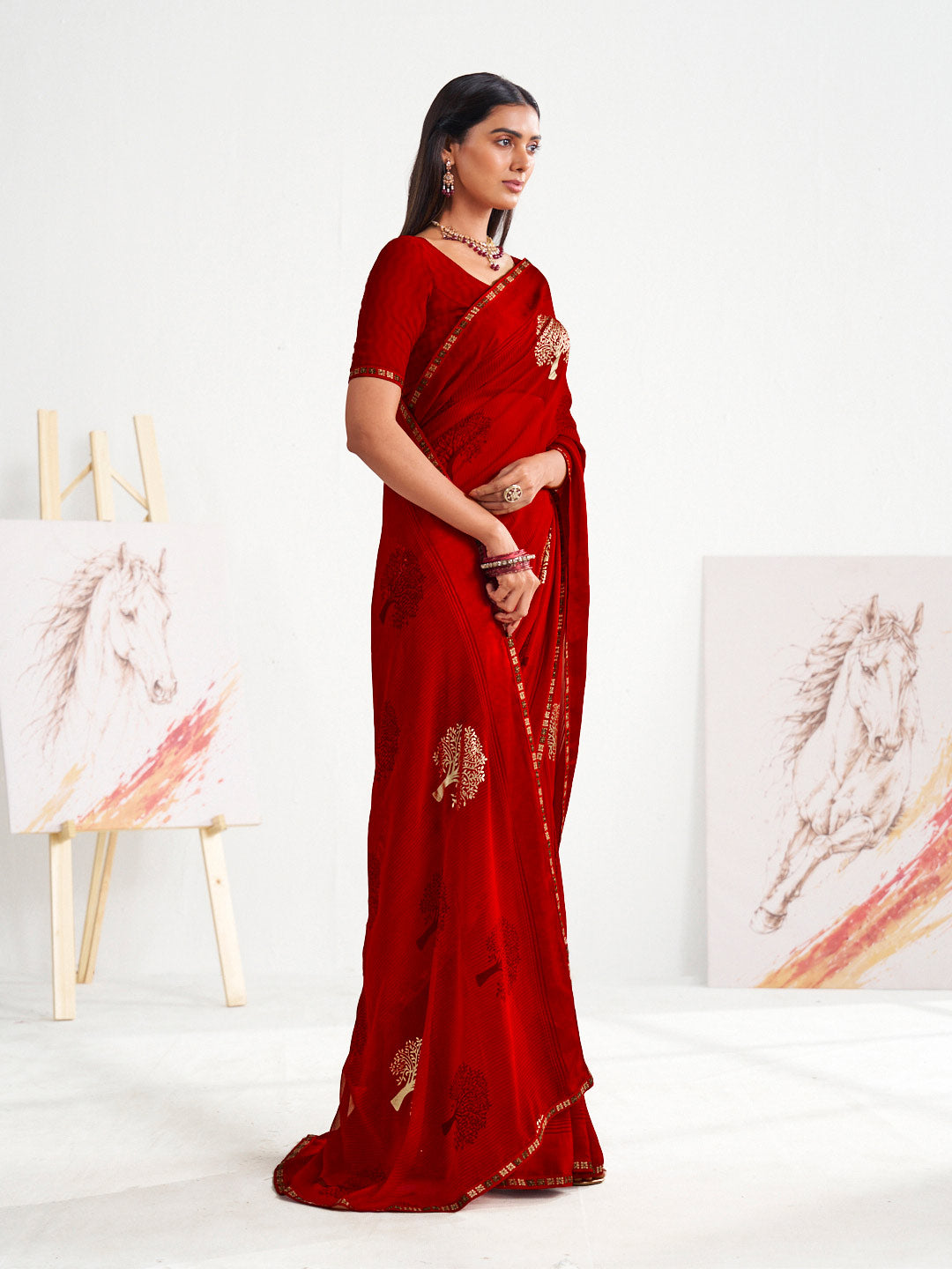 Laxmipati Murli Red Georgette Floral Saree