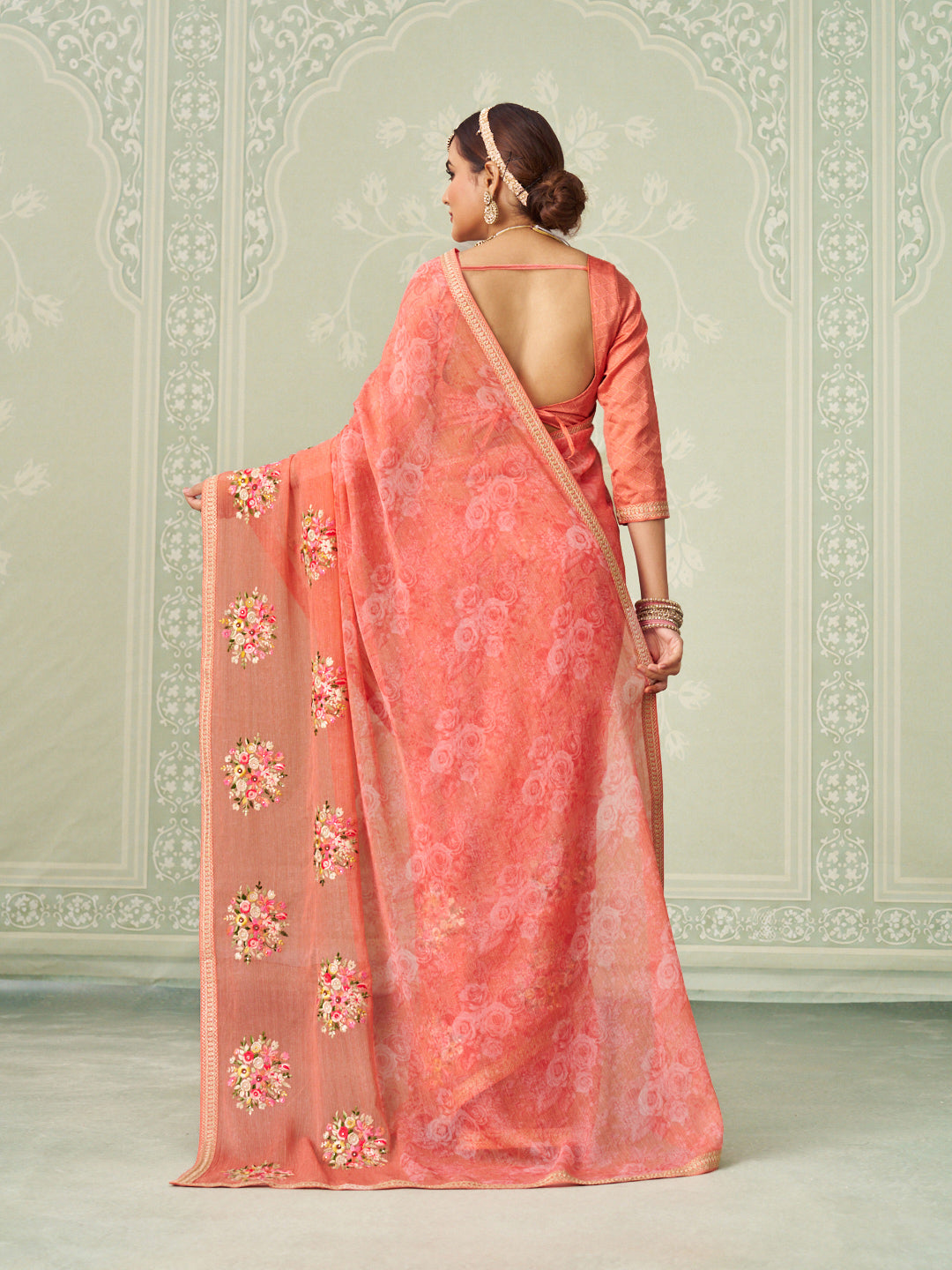 Peach floral embroidered chiffon saree festive wear