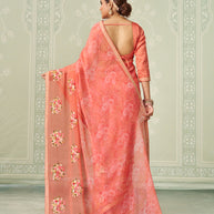 Peach floral embroidered chiffon saree festive wear
