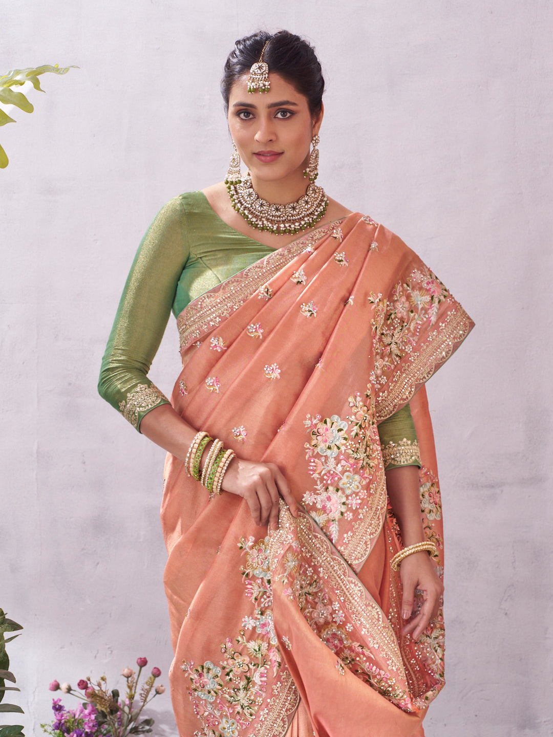 Peach floral embroidery saree stylish drape