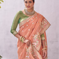 Peach floral embroidery saree stylish drape