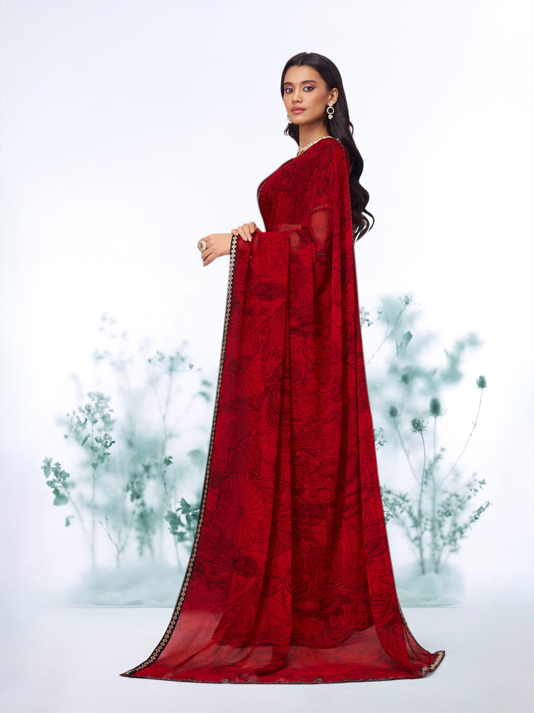Red floral printed georgette saree daily wear